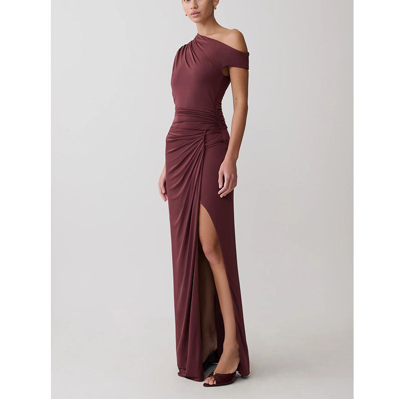 Pleated High Slit Slanted Shoulder Dress