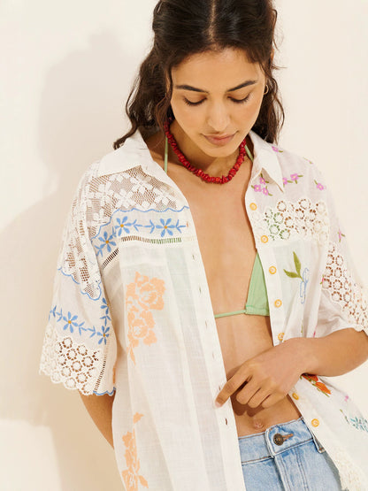 cream-white embroidered lace patchwork shirt
