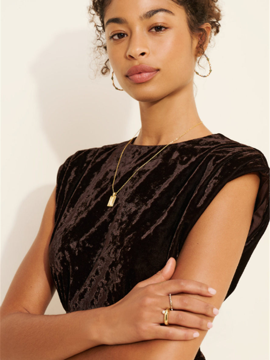 brown coffee shoulder pads velvet dress