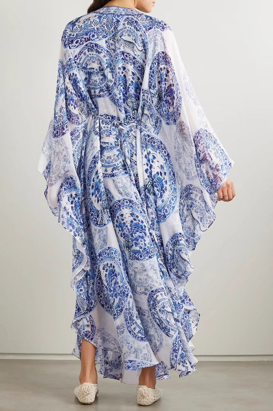 Blue and white porcelain print V-neck dress