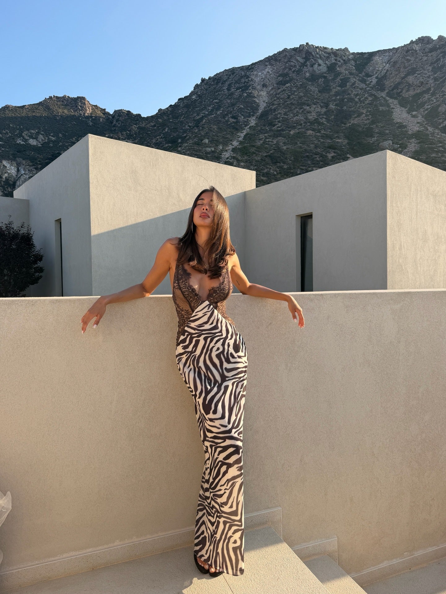 Zebra-print lace-panelled slit camisole maxi dress