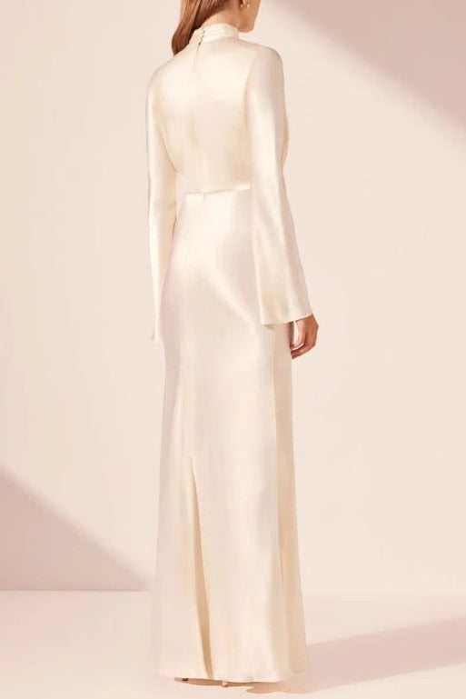 Ruched Deep V-Neck Long-Sleeve Satin Dress