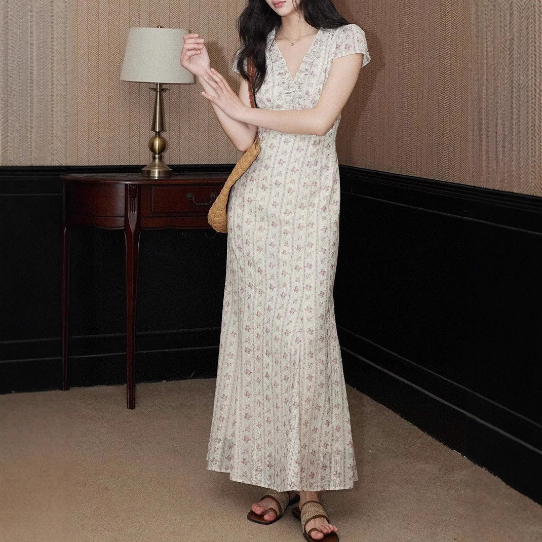 Retro V-neck embroidered floral midi dress