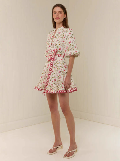 Belt Floral Puff Sleeve Mini Dress