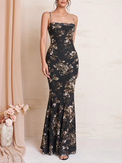 black print Mesh slip open back pleated dress