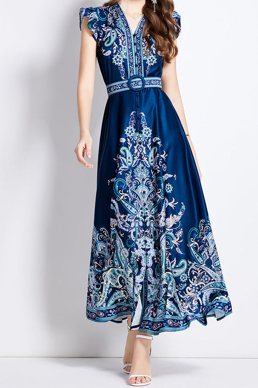 Printed V-neck lantern sleeve single-breasted dress