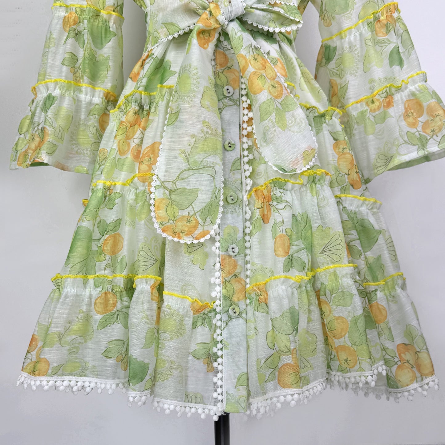 Botanical Print Lace Single Breasted Mini Dress - Green