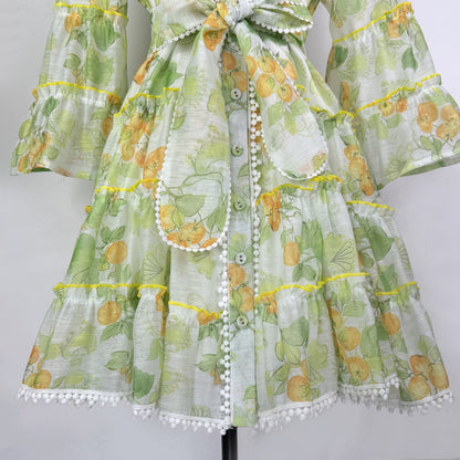 Botanical Print Lace Single Breasted Mini Dress - Green