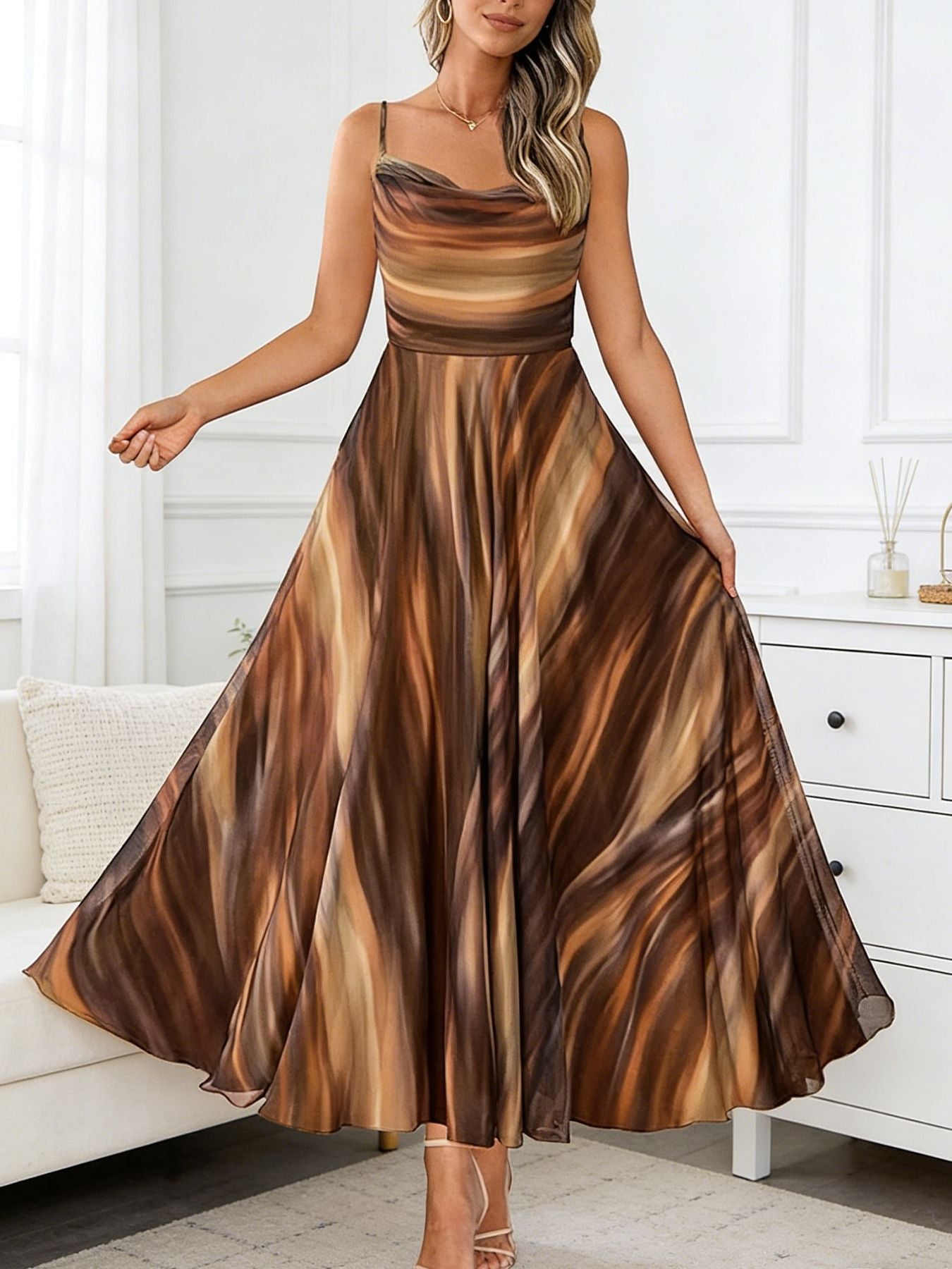 Swing Collar Strap Printed Chiffon Large Hem Waist-Cinching Dress