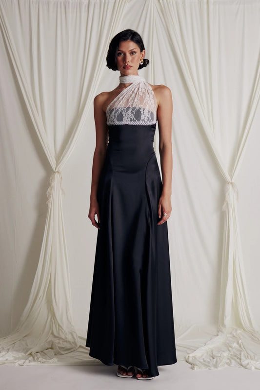 black halterneck lace patchwork satin dress