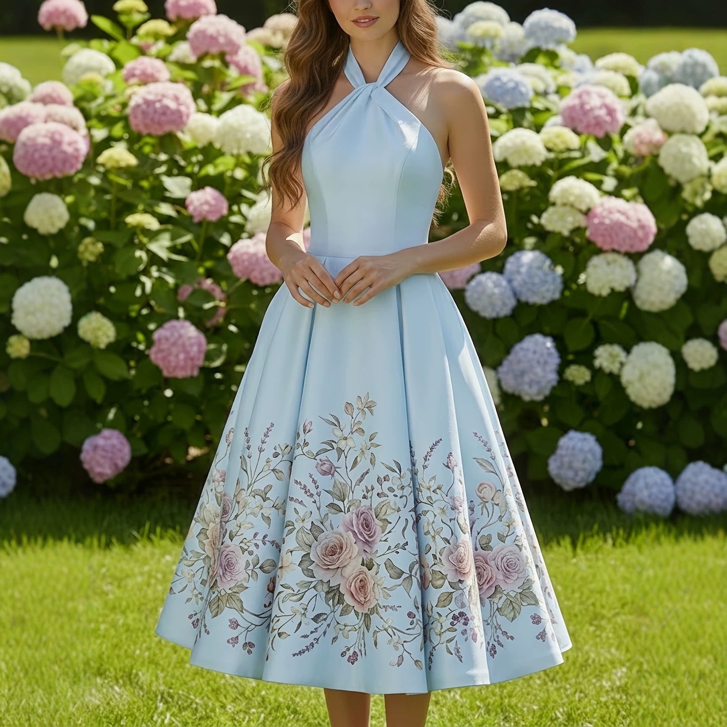 vivien Halter-neck floral print midi dress