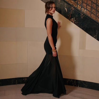 black mesh patchwork maxi dress