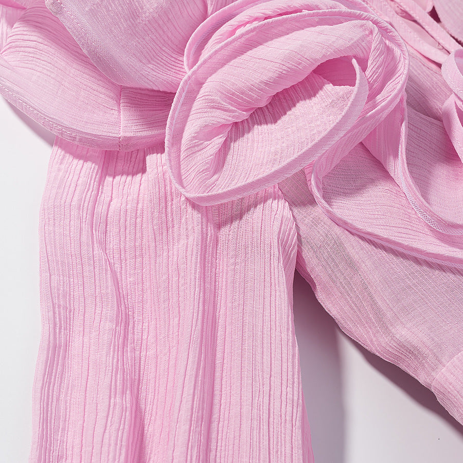 Bell-sleeve ruffled mini dress with tie detail