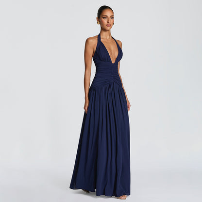 navy halterneck slim back dress