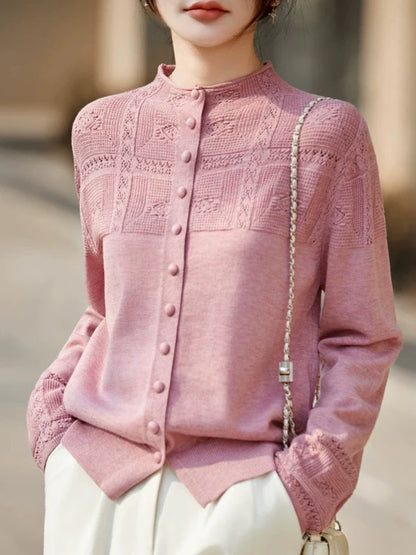 Openwork Crochet Mock-neck Knit Cardigan