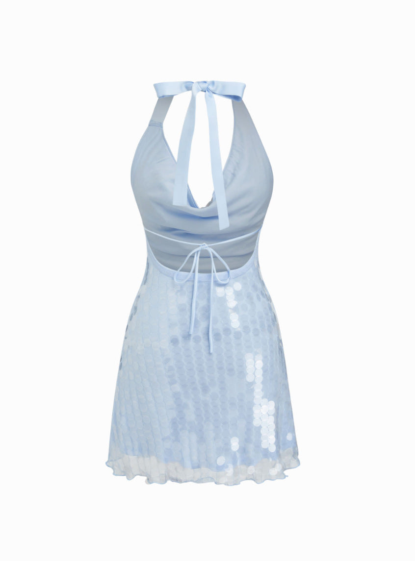 blue halter neck lace-up beads V-neck open back strap dress