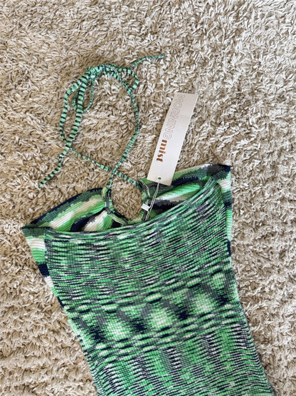 green knitted halterneck lace-up wrap dress