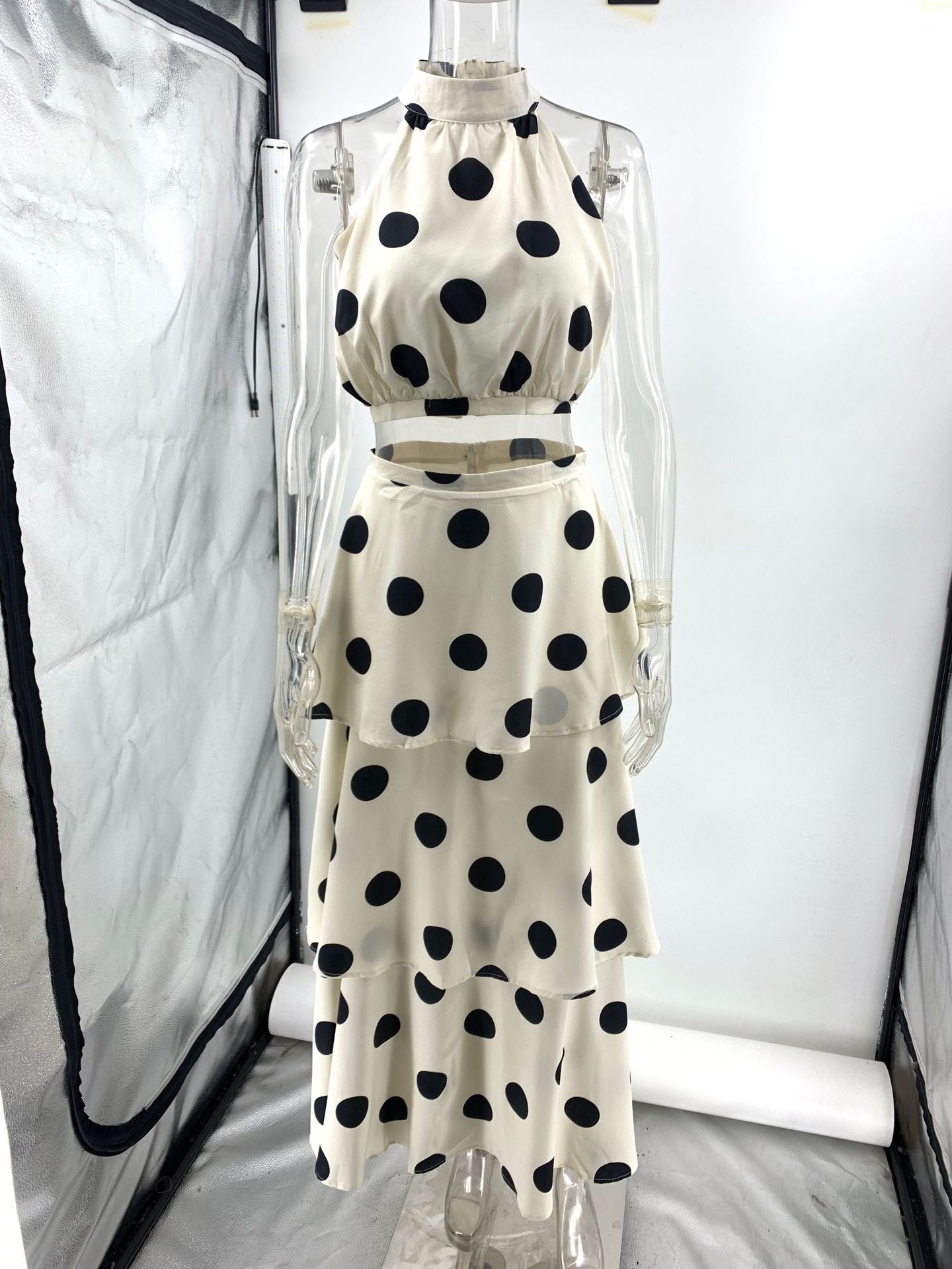 polka dot print halterneck sleeveless top skirt set