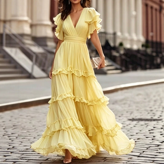 V-neck double-layered ruffled maxi dress
