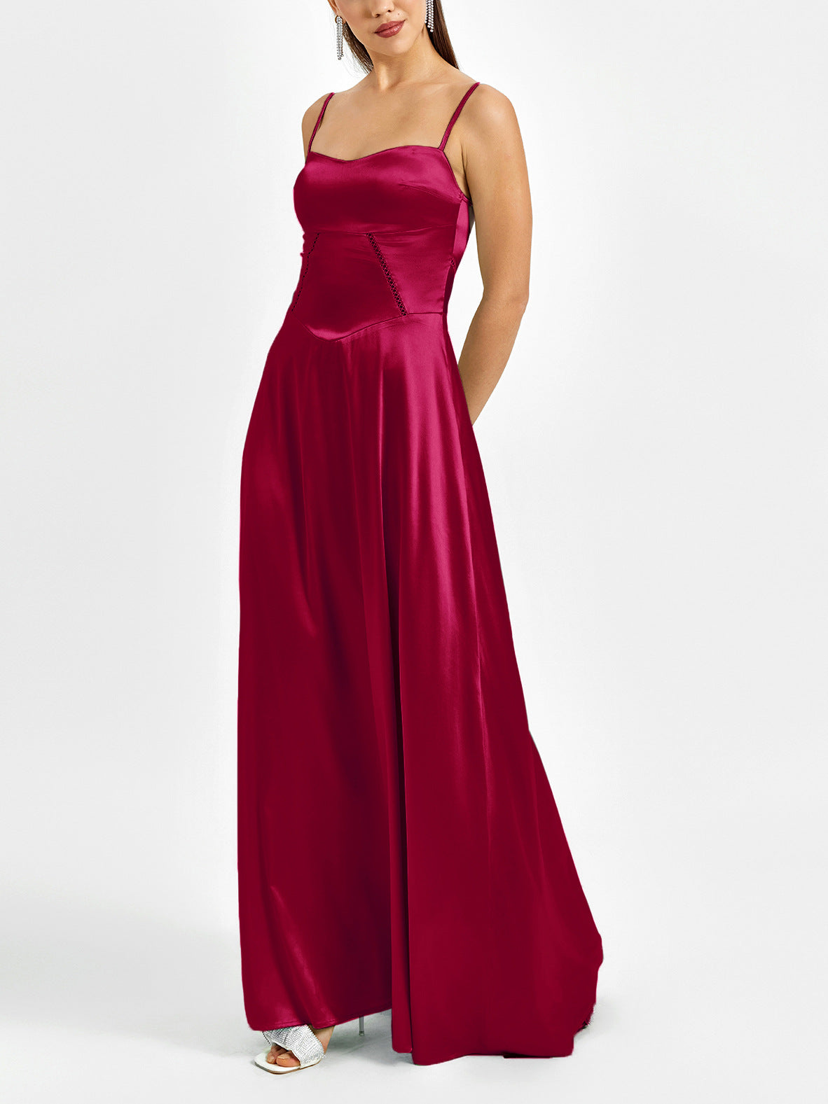 red matte satin backless slip dress