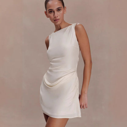 white sleeveless pleated suspender backless mini dress