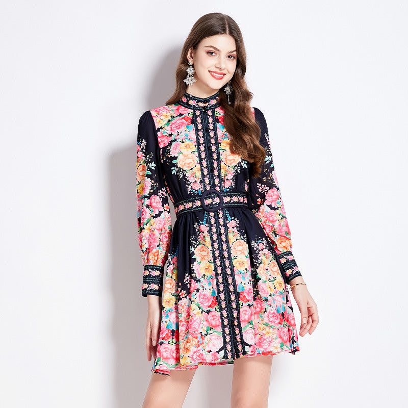 Stand-collar single-breasted lantern-sleeve mini dress