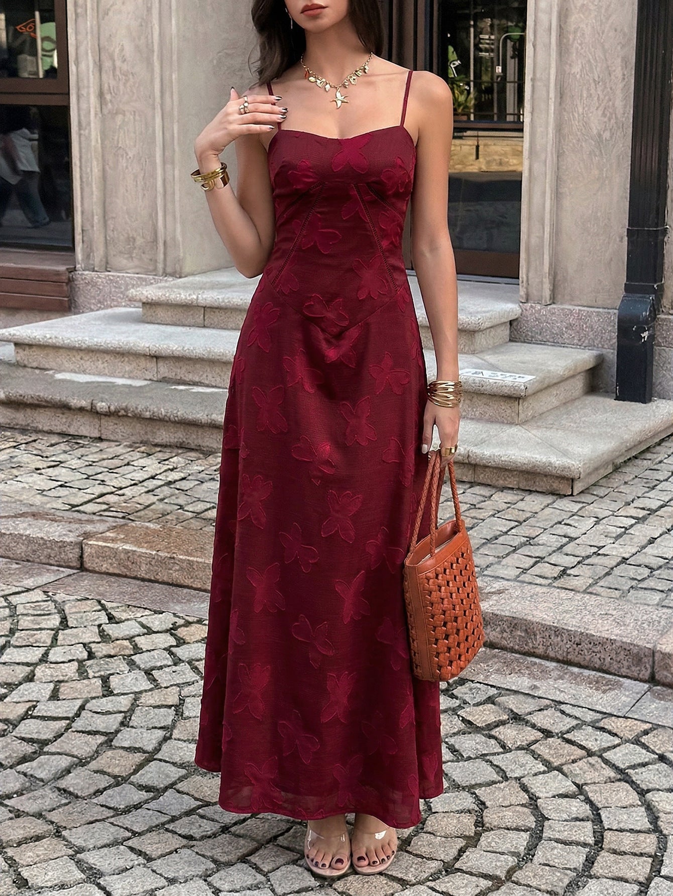 red wine jacquard suspender waist dress