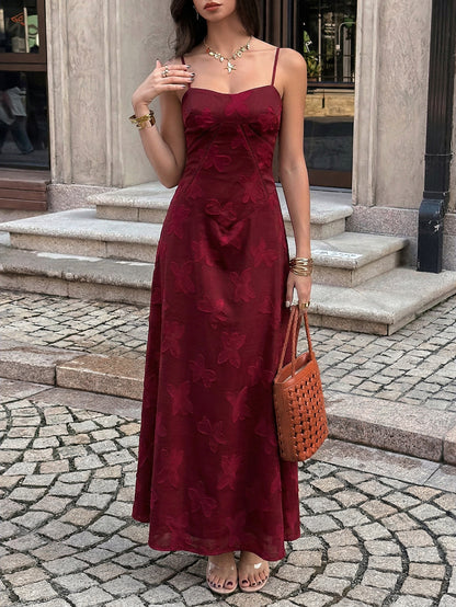 red wine jacquard suspender waist dress