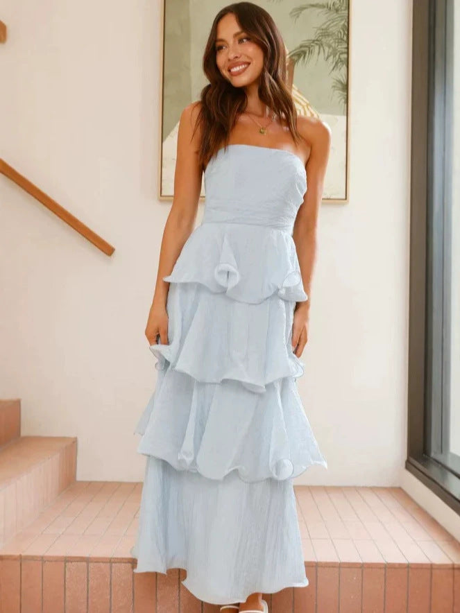 Boned strapless backless tiered midi dress
