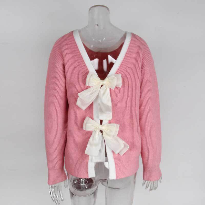 Pink Ribbed Knit Cardigan with Bow Detail - Premium Fabric Premium Fabric - product view 1