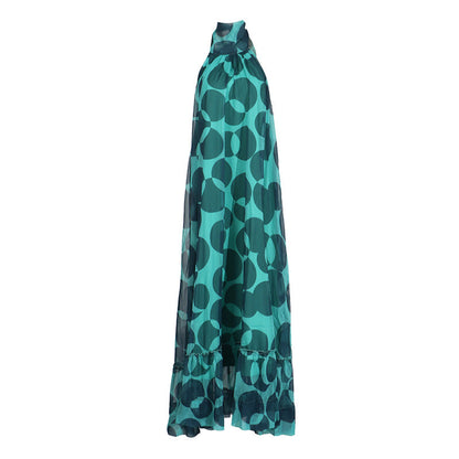 Backless halter neck sleeveless full skirt ruffle dress