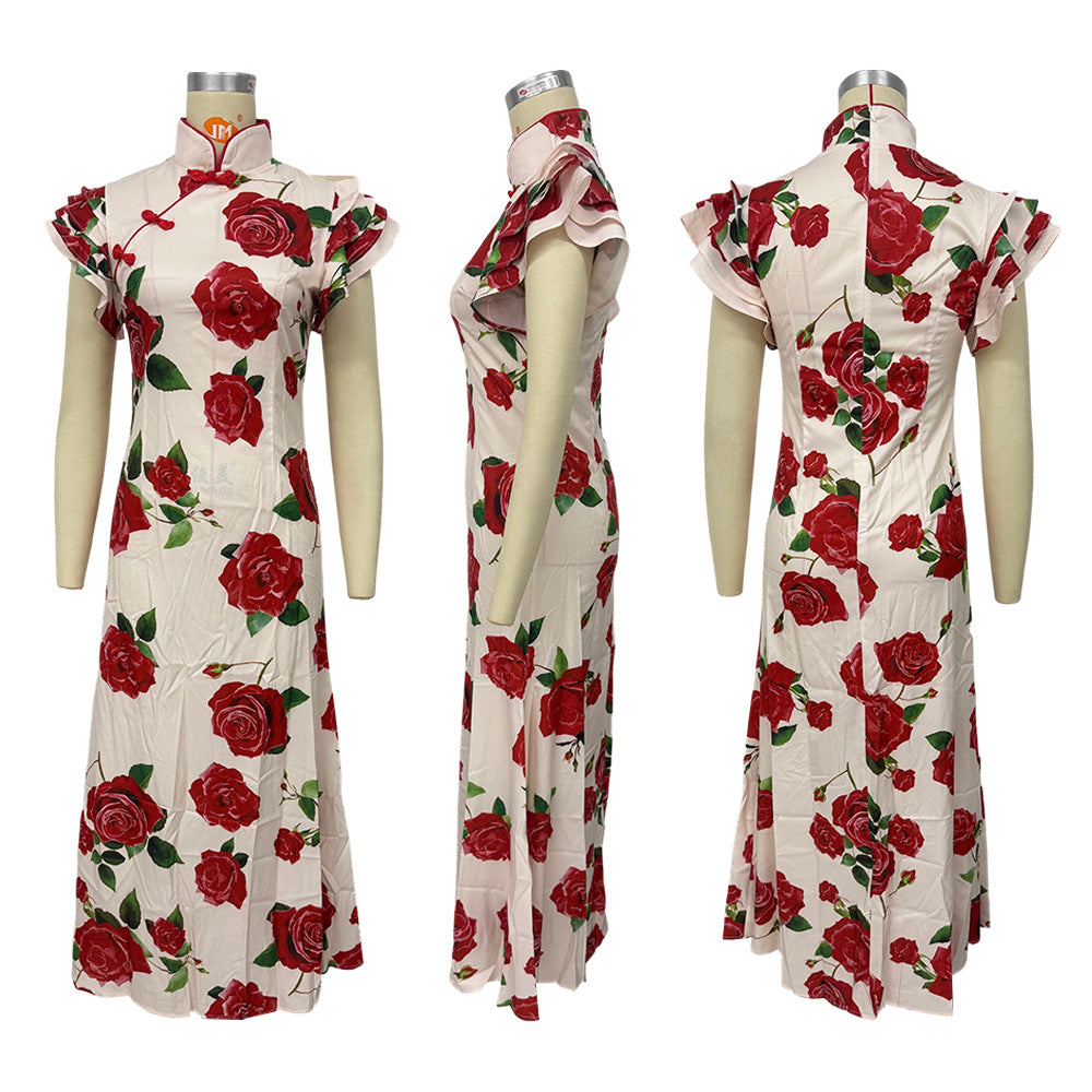 ruffle sleeve floral print bodycon maxi dress