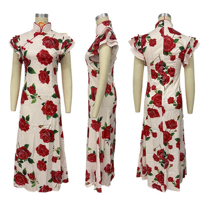 ruffle sleeve floral print bodycon maxi dress