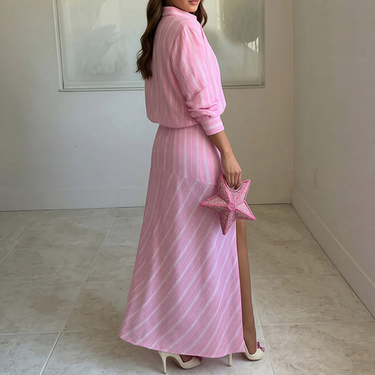 pink Striped Lapel Slit Long Skirt Set
