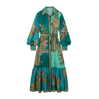 Collared lantern sleeve long-sleeved printed dress