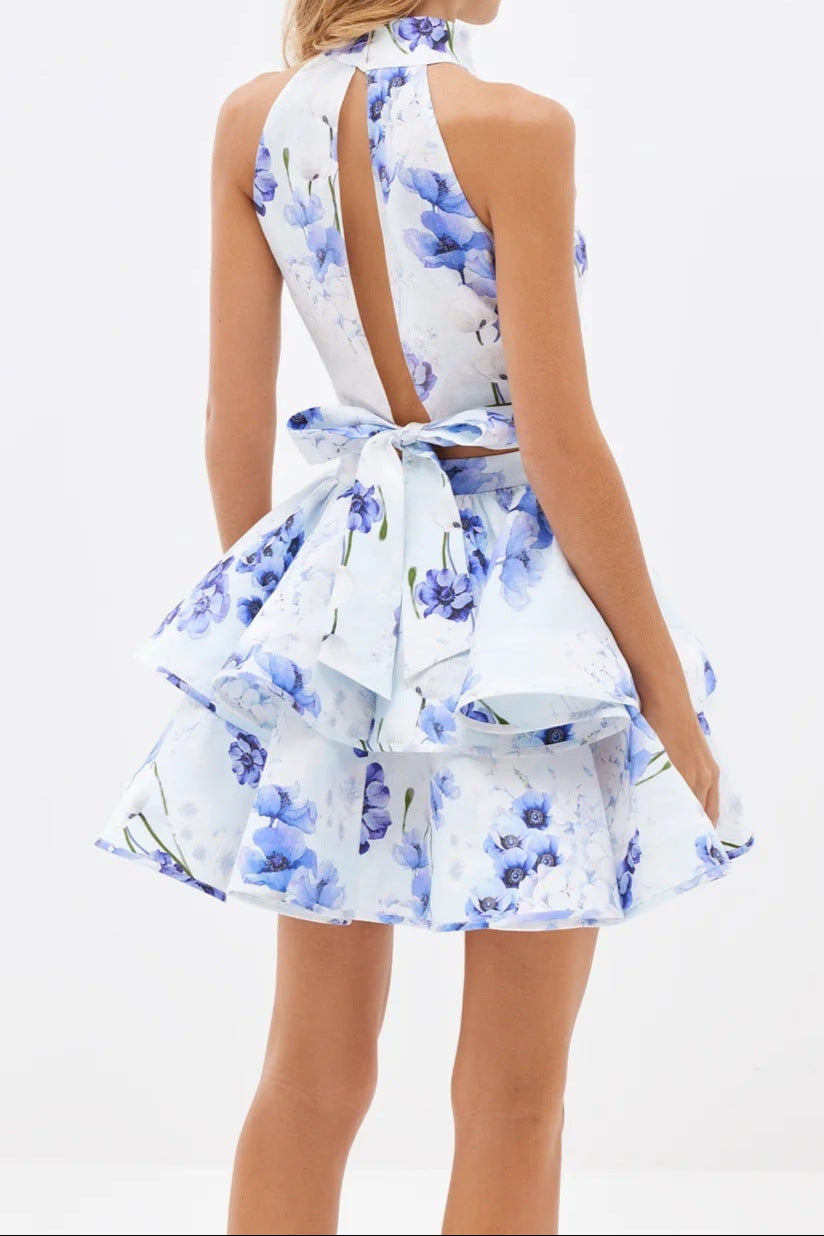 jessica printed backless halter top skirt set in blue