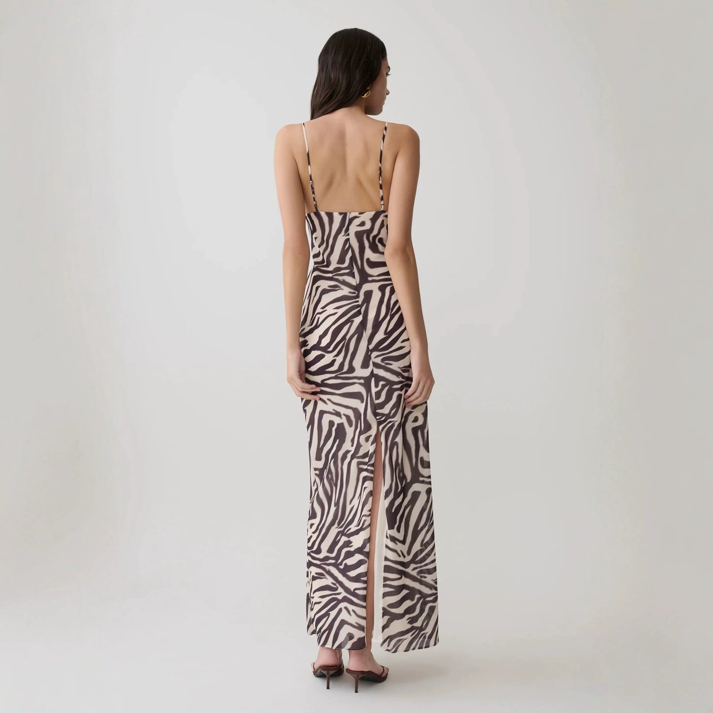 Zebra-print lace-panelled slit camisole maxi dress