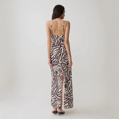 Zebra-print lace-panelled slit camisole maxi dress