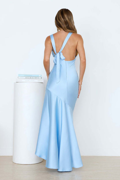 blue satin fishtail large swing maxi dress