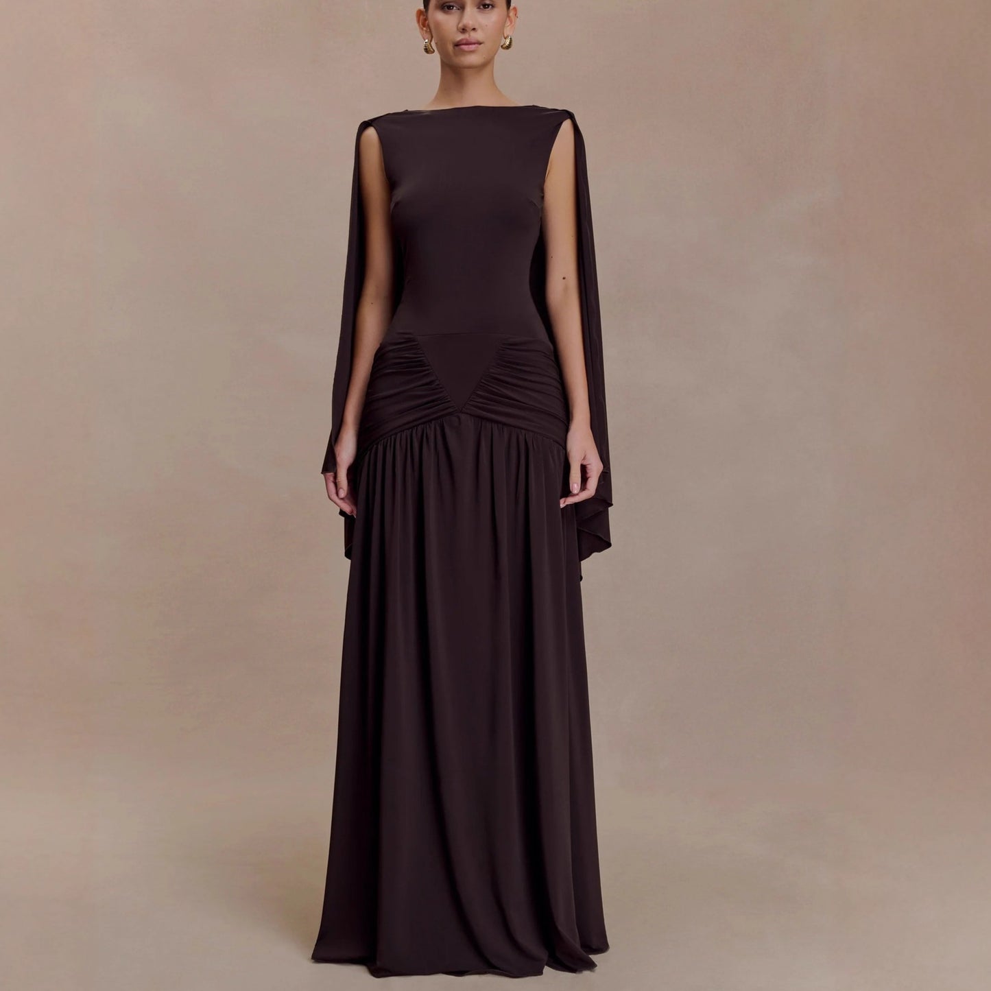 open back cape pleated maxi dress