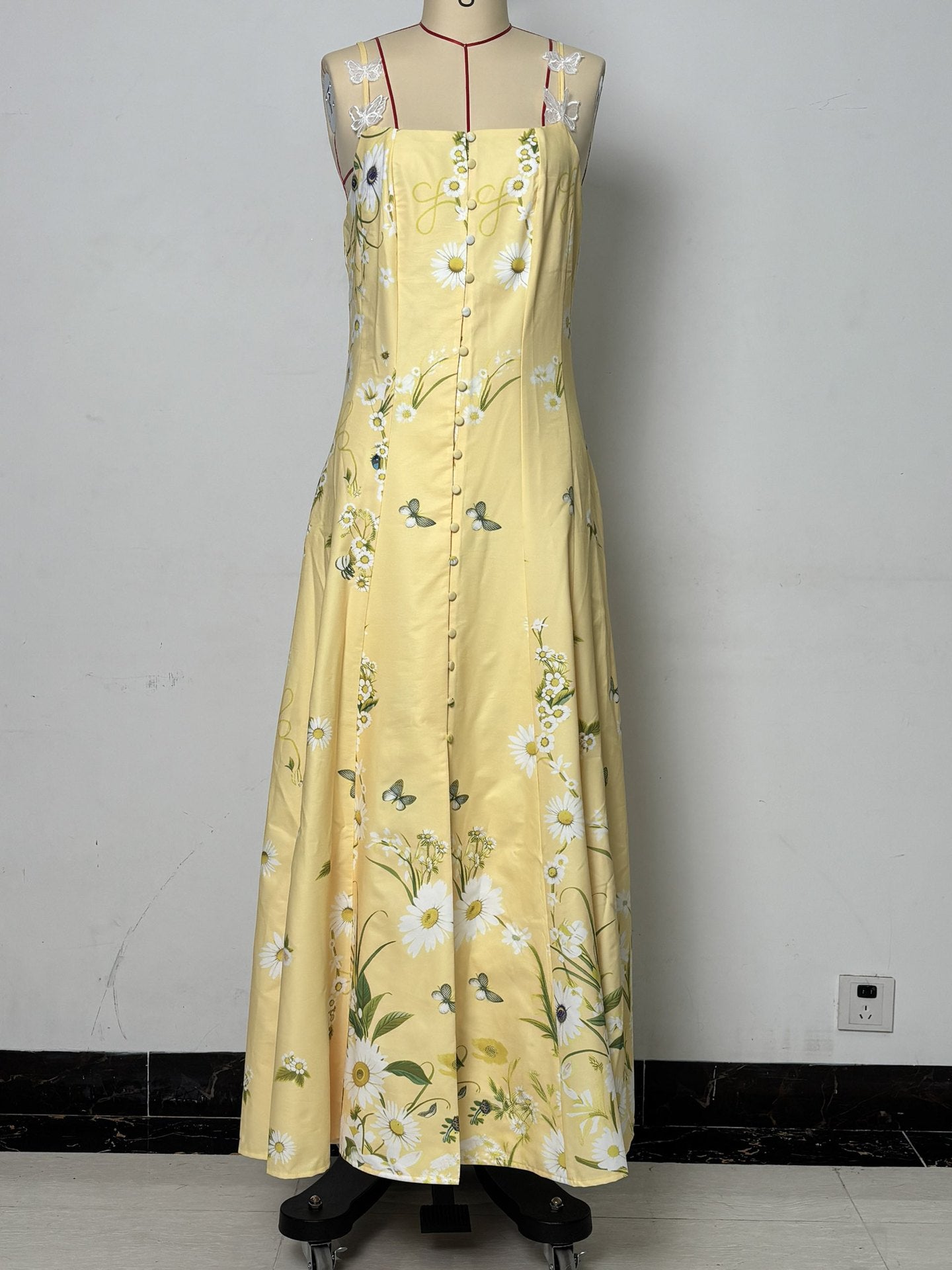 Printed button-front camisole midi dress with side slits