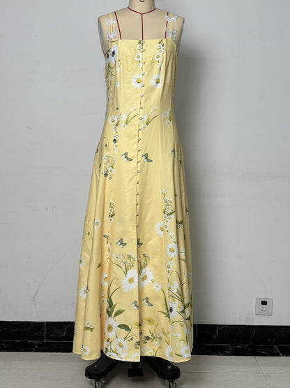 Printed button-front camisole midi dress with side slits