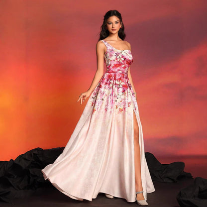one-shoulder Printed sleeveless slit maxi dress