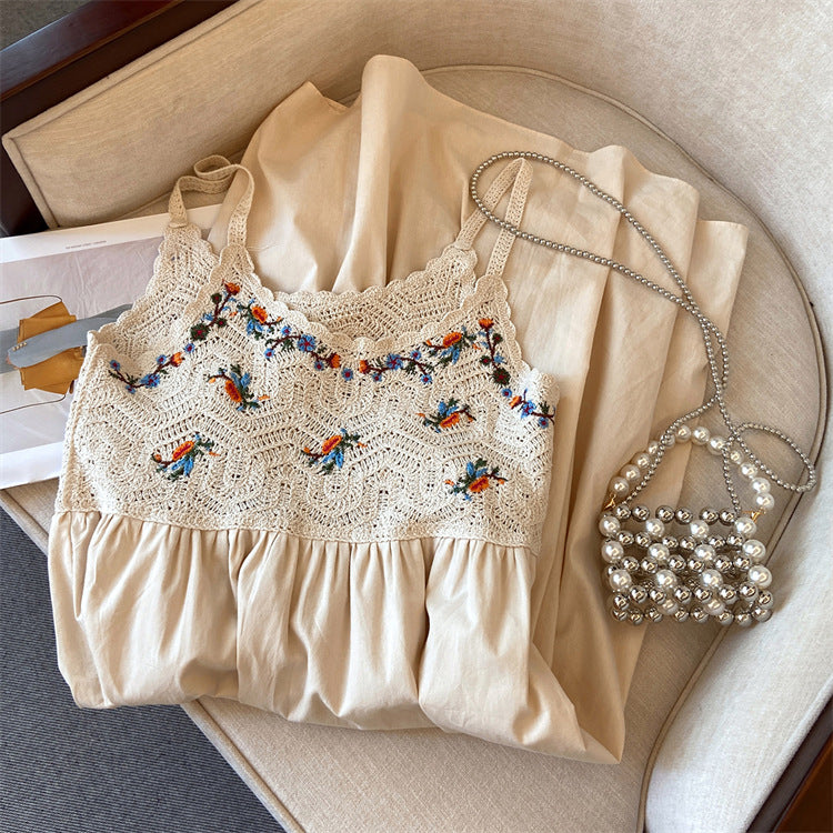 Hollow-out embroidered camisole midi dress