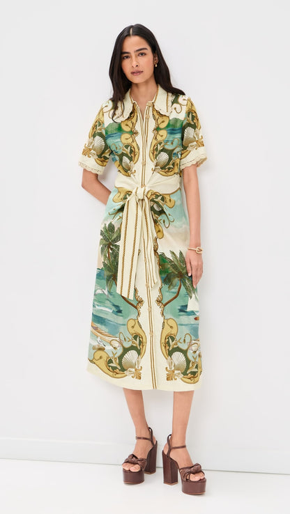 Vacation floral print short-sleeved cardigan maxi skirt with belt - green