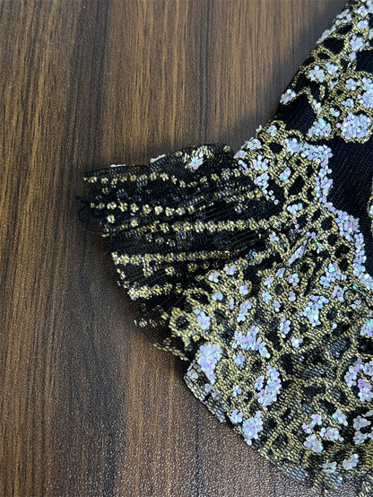 black sequins flower deep V backless mini dress