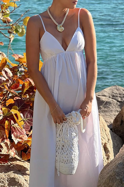 white suspender deep V high-waisted loose dress