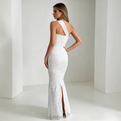 white slanted shoulder strap lace dress