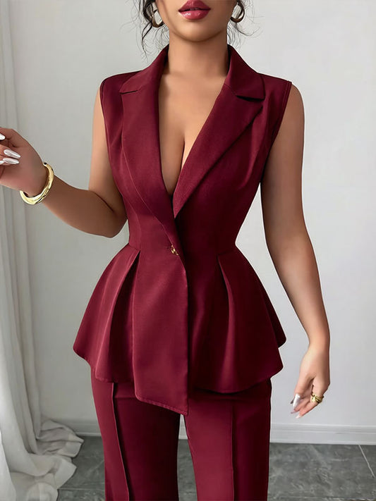 red wine Deep V-neck Sleeveless Pleated Top with Wide-Leg Pants Set