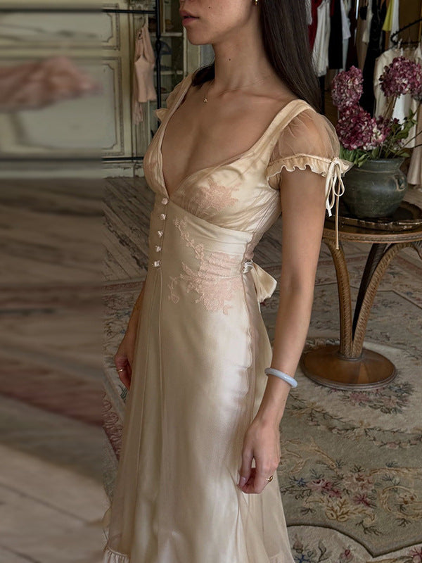 Satin Ruffled midi Dress with Deep-V Mesh and Lace Paneling
